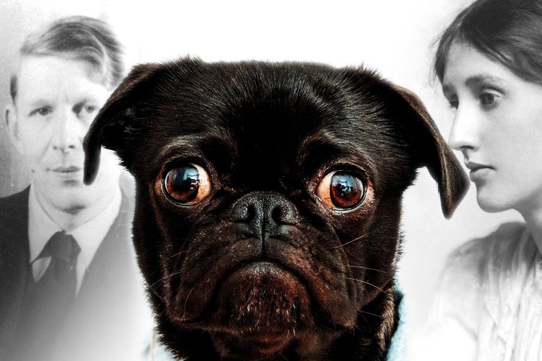 Portraits of W.H. Auden, Virginia Woolf, and a sad-looking dog.